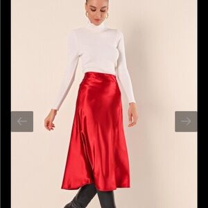 HYFVE Elegant Red Satin Midi Skirt NWOT Size M